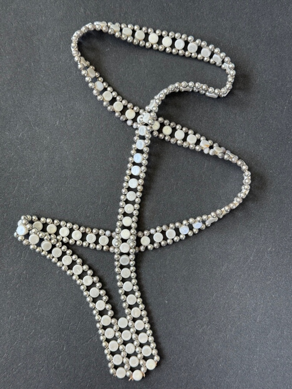VINTAGE HANDMADE Beaded Necklace MOP & Silver